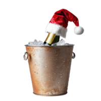 Champagne bottle wearing a Santa hat resting in an ice bucket during the festive holiday season, A bottle of champagne with a red Santa Claus cap in an ice bucket Isolate on transparent background png
