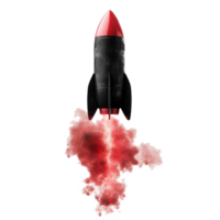 A black rocket with a vibrant red tail launches into the sky, releasing smoke in an exciting display of power, black rocket with a red tail and smoke coming out it, transparent background. png
