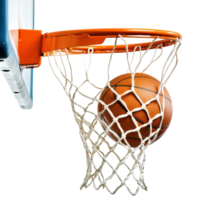 A basketball swishes through the net on a bright day at a basketball court, showcasing an impressive play, basketball going through the net a basketball court, transparent background. png