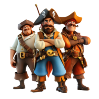 Three cartoon pirate characters standing confidently in a buccaneer pose with swords drawn, 3D Cartoon Pirate Characters, Swashbuckling Buccaneers Isolated on transparent background png