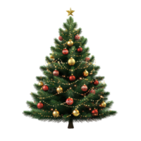 A beautifully decorated Christmas tree adorned with colorful ornaments and twinkling lights, A realistic a Christmas tree decorated with ornaments and lights. solated, transparent background. png
