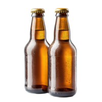 Two chilled beer bottles with condensation on a bright transparent background ready for summer enjoyment, Beer bottles isolated on transparent background png
