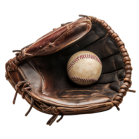 Baseball glove resting with a ball inside on a clean transparent background, ready for a game outdoors, Baseball glove with a ball in it isolated on transparent backgroundimage png
