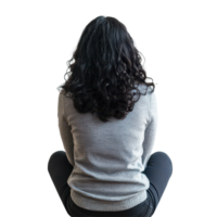 A woman sitting in a casual outfit on a transparent background, reflecting in thoughtful solitude, Back View a Woman Sitting in Casual Outfit on transparent background png