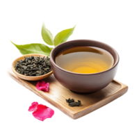 Discover the aromatic qualities of green Chinese tea with fresh leaves and rose petals on a serene transparent background, Aromatic flower green chinese tea ontransparent background png