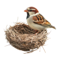 A beautiful sparrow perched gracefully in its nest against a clean transparent background, beautiful sparrow in its nest on transparent background png