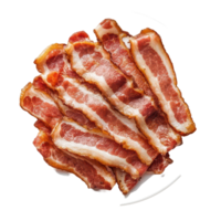 Crispy bacon strips arranged on a plate for a delicious breakfast or snack option, bacon in plateisolated on transparent background png