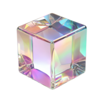 A crystal glass cube showcasing vibrant refraction and holographic effects in soft lighting, 3d crystal glass bubble with refraction and holographic effect isolated on transparent background png