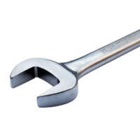 A single silver wrench lying on its side against a clean transparent background highlighting its shiny finish and design, A single silver wrench on its side, transparent background. png