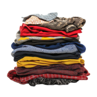 A vibrant assortment of folded clothes stacked neatly on a transparent background for a clean and organized look, Assorted Pile Clothes Isolated on transparent background png