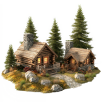 Rustic log cabins nestled in serene nature surrounded by tall trees and rocky pathways, 3D Rustic Log Cabins Surrounded by Nature on transparent background png