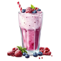 Delicious berry milkshake in a tall glass with fresh berries and a straw against a clean transparent background, Berry Milkshake Isolated, transparent background. png
