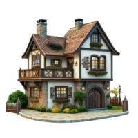 Charming cartoon house with a cozy design and garden, set against a bright transparent background in a whimsical style, 3D cartoon house, residence house transparent background png