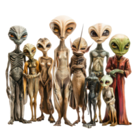 A diverse group of extraterrestrial beings gathered together in a neutral setting showcasing various features and sizes, A group extraterrestrial beings standing together, transparent background. png