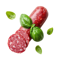 Fresco albahaca hojas adornar rebanado salami en un limpiar transparente fondo, mejorando visual apelación y sabor, rojo rebanado cebolla aislado en transparente antecedentes png