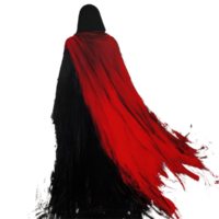 Mysterious figure in a black cloak and flowing red cape against a stark transparent background, black cloaked figure with a red cape, transparent background. png