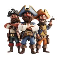 Three cartoon pirates ready for adventure with swords and treasure maps in a colorful, 3D Cartoon Pirate Characters, Swashbuckling Buccaneers Isolated on transparent background png