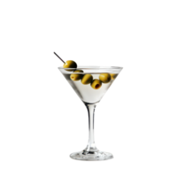 Enjoying a classic martini with olives served in a stylish glass against a neutral backdrop at an elegant setting, A classic martini with olives in a elegant martini glass, transparent background. png