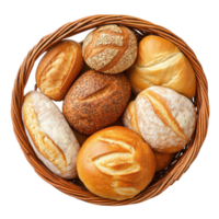 A top view of a basket filled with various types of bread on a transparent background for culinary inspiration, Basket with different kinds bread Top view Isolate on transparent background png