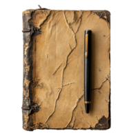 Aged worn notebook with a pen on a transparent background, conveying creativity and inspiration, Aged Worn Notebook with Pen, transparent background. png