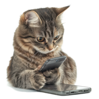 A curious cat engages with a smartphone while sitting against a transparent background, A Cat Using a Cell Phone, transparent background. png