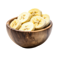 Fresh banana slices in a wooden bowl, elegantly arranged on a clean transparent background, Banana slice in wood bowl isolated on transparent background png