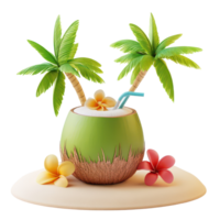 Relaxing in a cartoon tropical paradise with coconut drinks and vibrant flowers during a sunny day, 3D Cartoon Tropical Relaxation Scene with Coconut Drink On transparent background png