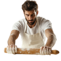 A passionate baker skillfully rolls out dough with a wooden pin in a bright kitchen, A baker with a rolling pin rolls out the dough Isolate png
