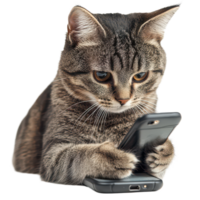 A curious cat exploring a smartphone on a transparent background during a quiet afternoon, A Cat Using a Cell Phone, transparent background. png