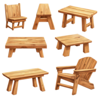 Beautiful wooden furniture bundle isolated on a tray showcasing various designs and styles for home, Beautiful wooden furniture bundle isolated on a transparent background wood furniture png
