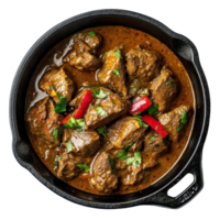 Delicious beef curry cooked in a cast iron pot served on a transparent background ready for a hearty meal, Beef Curry in a Cast Iron Pot, transparent background. png