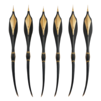 A collection of six elegant black archery bows with golden tips arranged in a row showcasing craftsmanship, A group six black archery bows with golden tips arranged together, transparent background. png