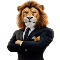 Assertive lion in a suit standing confidently against a transparent background for a bold business presentation, Assertive Lion Boss in Suit on transparent background Conceptual Artwork png