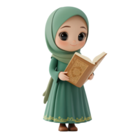 Cartoon Muslim girl wearing hijab reading Quran in a serene and cozy environment, 3D Cartoon Muslim Girl Wearing Hijab Carrying Quran Isolated on transparent background png
