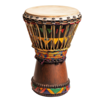 Traditional African drum with colorful decorations displayed on a plain transparent background for artistic representation, African drum isolated on transparent background png