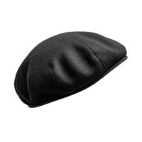 Black French beret in side view against a clean transparent background showcasing its classic design and style, Black french cap beret side view isolated on transparent background png