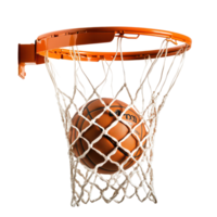 A basketball successfully swishes through the net during a game in a gymnasium setting, basketball going through the net with a ball in the basket, transparent background. png