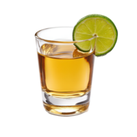 Enjoying a shot of tequila with a lime wedge against a minimalist transparent background, a shot tequila, transparent background. png