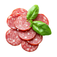 Fresco albahaca hojas esmeradamente metido encima rebanado salami en un limpiar transparente antecedentes para un gastrónomo presentación, rojo rebanado cebolla aislado en transparente antecedentes png