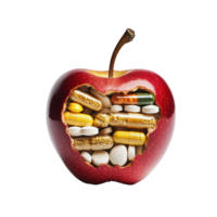 A red apple hollowed out and filled with colorful pills on a plain transparent background, Apple hollowed out and filled with pills, transparent background. png