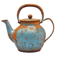 Unique vintage blue teapot with rust patina displayed against a neutral background, A large rusted blue teapot with a single handle and spout, transparent background. png