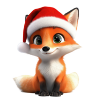 A cheerful cartoon fox wearing a Santa hat sits happily against a plain transparent background during the holiday season, 3D Cartoon Fox in Santa Hats on transparent background png