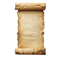Aged paper scroll on a transparent background showcasing its historical and artistic features, Aged Worn Paper Scroll, transparent background. png