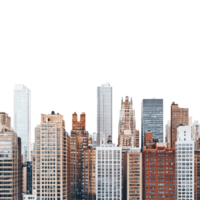 A panoramic view of a vibrant city skyline showcasing diverse architectural styles and towering buildings at dusk, a city skyline with tall buildings in close proximity, transparent background. png