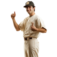 Baseball player celebrating with a thumbs up gesture against a clean transparent background, showcasing sports enthusiasm, Baseball Player with Thumb Up isolated on transparent background png