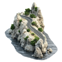 A floating road on a rocky island surrounded by water, offering a unique journey through, 3D realistic a Floating Road on Rocky Island, isolated on transparent background Background png