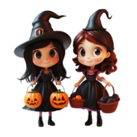 Cartoon girls dressed as witches hold Halloween baskets filled with treats against a transparent background, 3D Cartoon Girls with Halloween Baskets on transparent background png
