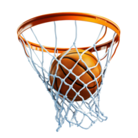 A basketball swooshes through the net during a competitive game on the court, basketball going through the net with a ball in the basket, transparent background. png