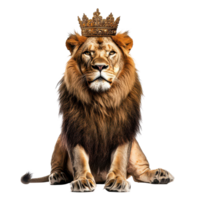 A majestic lion wearing a crown sits regally against a transparent background, showcasing its royal presence, a lion with a crown, transparent background. png