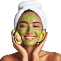 Happy woman enjoying a skincare routine with avocado mask in a bright studio setting, Beauty Skincare and Happy Woman in Studio with Avocado Face Mask on transparent background png
